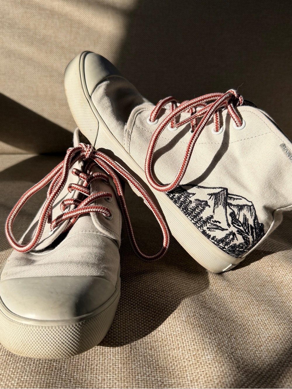 Cream Canvas High-Top Sneakers with Pink Accent Laces